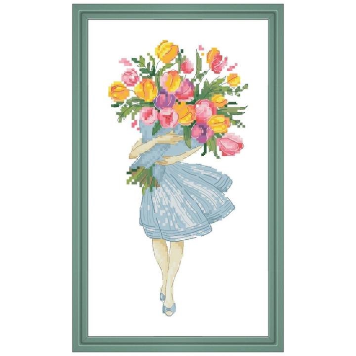 Kit De Punto De Cruz Estampado - Diseño 'Chica Con Kimono Y Flores', 11CT, Incluye Tela, Hilos Y Agujas | Ideal Para Principiantes Y Aficionados Al Bordado