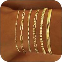 Pulseras de oro para mujer, conjunto de joyería chapada en oro de 14 quilates resistente al agua para mujer, cadena de clip de eslabón cubano apilable fina y moderna - details 0
