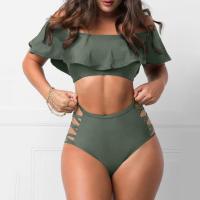 Conjunto de Bikini con hombros descubiertos, sujetador Bandeau con ribete con volantes, bañadores calados de cintura alta, traje de baño con realce, 2 unidades por juego - details 7
