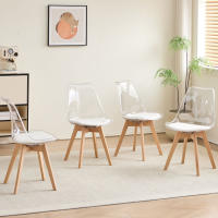Un juego de 4 sillas de comedor modernas transparentes con patas de madera de haya tapizadas en cuero para sala de estar, cocina, oficina y salón. - details 7