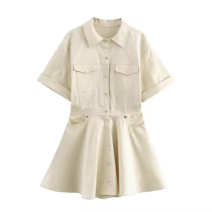 YENKYE 2025 Vestido corto Beige con vuelo para mujer, bolsillos frontales con parches, cuello de solapa, corte en A, Vestidos de verano informales para oficina - 1