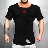 Men's Outdoor Casual Hip Hop T-Shirt Summer Short Sleeve Square Collar Hole T Shirts Gym Fitness Shirt Slim Fit Cotton Clothing - details 2