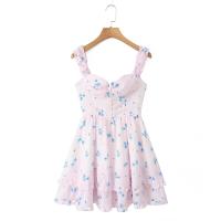 Summer Women Floral Print Sling Mini Dress Ear Fungus Edge Straps Hem Ruffle A-line Holiday Party Dresses Chiffon Robe - details 0