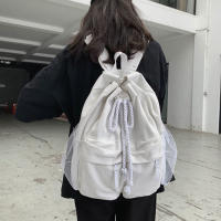 Mochila escolar de gran capacidad con cordón para estudiantes, bolso de lona informal para computadora portátil para mujer, paquete de viaje simple de Color sólido - details 4
