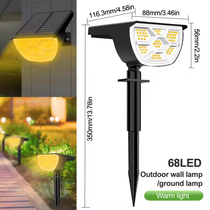 Foco de paisaje LED impermeable, iluminación de 3 modos, lámpara de pared alimentada por energía Solar para puerta delantera, patio trasero, garaje, 68 LED, OutdoorIP65 - 1