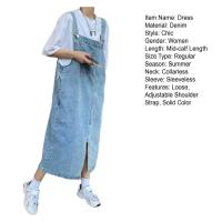Vestido midi para estudiantes, elegante vestido con tirantes de mezclilla y correas ajustables, bolsillos laterales, dobladillo dividido, elegante, sin cuello para estudiantes - details 1