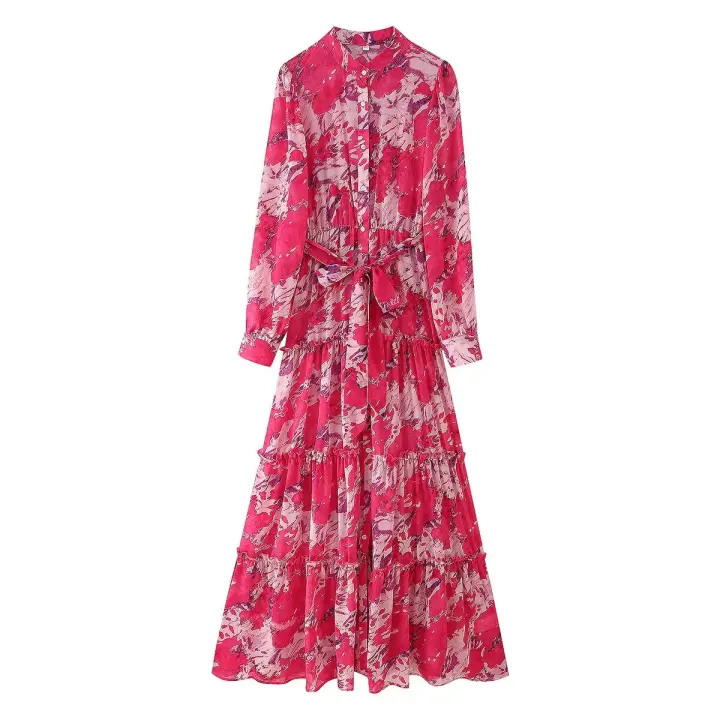Primavera 2025 mujeres botón frontal con cinturón estampado camisa larga Vestidos cuello alto A-line Slim gasa Maxi Vestidos - 1