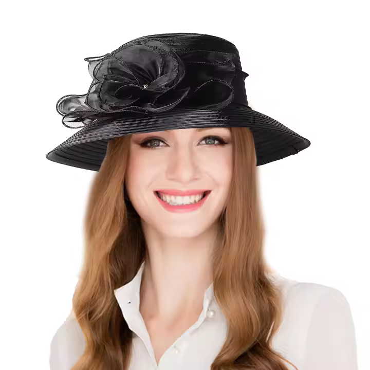 Sombreros Derby de ala ancha para mujer, sombrero elegante de iglesia de flores blancas y negras, tocado nupcial de boda, 2024 - 1