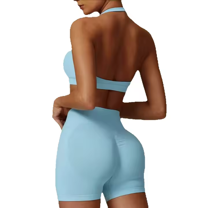 Traje de Yoga de 2 piezas para mujer, ropa de gimnasio de encaje perfecto, Sujetador deportivo Halter, pantalones cortos de impacto a juego, conjuntos de entrenamiento, equipo de gimnasio - 1