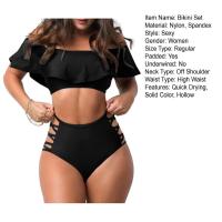 Conjunto de Bikini con hombros descubiertos, sujetador Bandeau con ribete con volantes, bañadores calados de cintura alta, traje de baño con realce, 2 unidades por juego - details 16