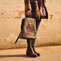 Mochila de lona bordada artística Vintage para mujer, mochila bordada Floral hecha a mano, Bolsa Escolar, bolsas de viaje de mezclilla - details 2