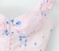 Summer Women Floral Print Sling Mini Dress Ear Fungus Edge Straps Hem Ruffle A-line Holiday Party Dresses Chiffon Robe - details 3