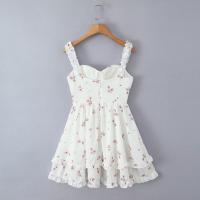 Summer Women Floral Print Sling Mini Dress Ear Fungus Edge Straps Hem Ruffle A-line Holiday Party Dresses Chiffon Robe - details 12
