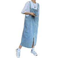 Vestido midi para estudiantes, elegante vestido con tirantes de mezclilla y correas ajustables, bolsillos laterales, dobladillo dividido, elegante, sin cuello para estudiantes - details 2