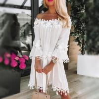 Vestido de Verano 2023 con Aplicación de Flor Hueca Hombros Descubiertos, Manga de Trompeta, Vestido Midi para Mujeres - details 2