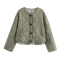 Vintage Women Long Sleeve O Neck Quilted Jacket Female Single Breasted Autumn Short Padded Coat Streetwear Outfits - details 0