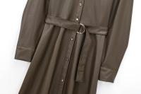 New Women Autumn Winter Faux Leather Shirt Dress Long Sleeve Lapel Collar With Belt A-line Midi Dresses High Street Vestidos - details 5