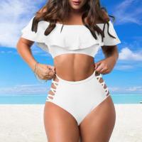 Conjunto de Bikini con hombros descubiertos, sujetador Bandeau con ribete con volantes, bañadores calados de cintura alta, traje de baño con realce, 2 unidades por juego - details 4