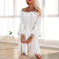 Vestido de Verano 2023 con Aplicación de Flor Hueca Hombros Descubiertos, Manga de Trompeta, Vestido Midi para Mujeres - details 4