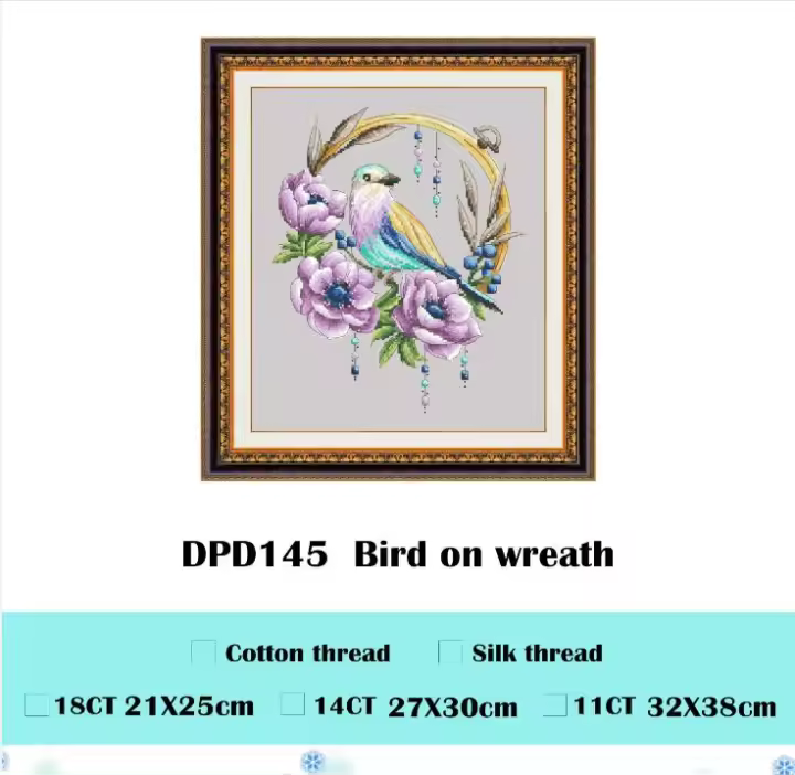 Kit de punto de cruz Bird on wreath, tela aida de flores, lienzo gris, hilo de algodón, kits de bordado, juego de manualidades DIY, 18CT, 14ct, 11CT - 1