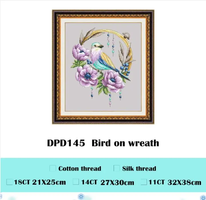 Kit de punto de cruz Bird on wreath, tela aida de flores, lienzo gris, hilo de algodón, kits de bordado, juego de manualidades DIY, 18CT, 14ct, 11CT - 1