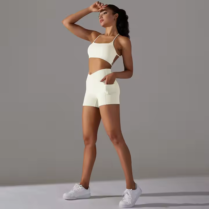 Hamidou-Conjuntos de Yoga cortos para mujer, Sujetador deportivo con espalda bonita, ropa deportiva, atuendo deportivo para mujer, Top corto para correr, pantalones cortos, ropa de entrenamiento - 1
