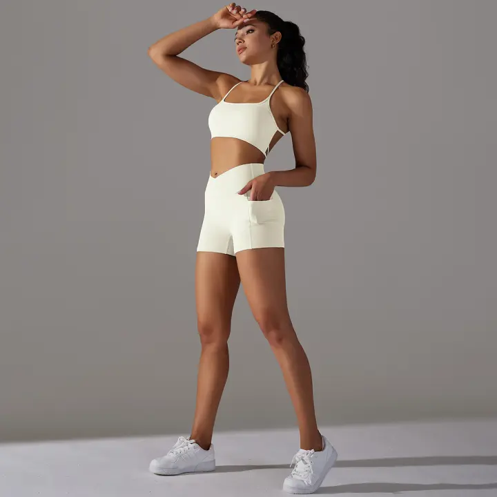 Hamidou-Conjuntos de Yoga cortos para mujer, Sujetador deportivo con espalda bonita, ropa deportiva, atuendo deportivo para mujer, Top corto para correr, pantalones cortos, ropa de entrenamiento - 1