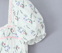 Women French Pastoral Style Floral Print Holiday Long Dress Vintage Puff Sleeve Square Neck A-line Elegant Summer Dresses - details 2