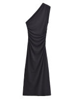High Street Women Side Ruched Hem Slit Sleeveless Asymmetric Long Dress Black Sexy Maxi Vestidos - details 9