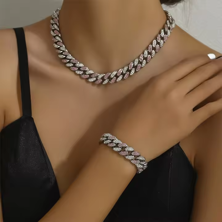 Collar y Pulsera Choker Cubano ZhongT 2 Pcs Con Zirconia Rosa Brillante Seguridad Oculta Joyería de Fiesta para Mujer Regalos - 1