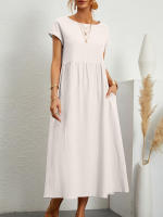 Elegante Vestido Maxi de Verano Manga Corta, Cuello O, Estilo Harajuku Vintage, Vestido Largo de Lino y Algodón con Bolsillos Y2K - details 1