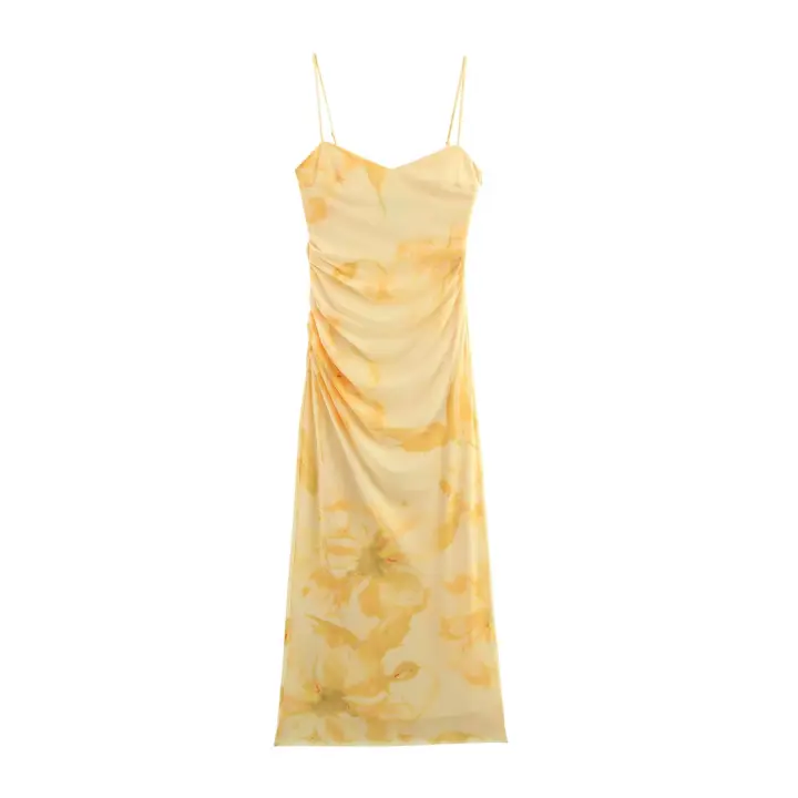 TRAFZA Vestido midi de moda para vacaciones de verano para mujer, estampado de flores, tul sin mangas, plisado, con cremallera lateral, vestidos de playa forrados - 1