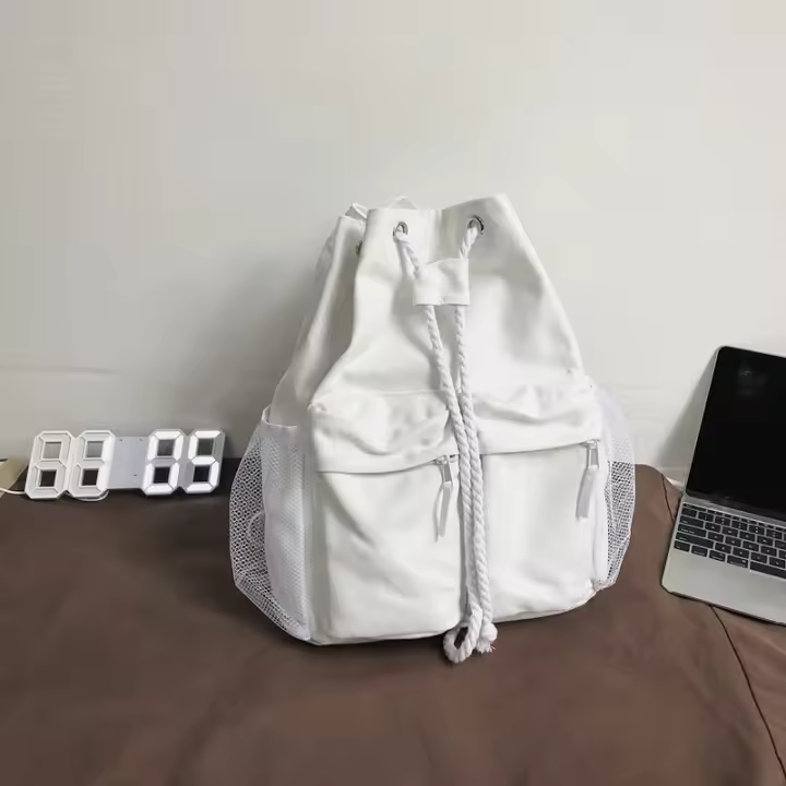 Mochila escolar de gran capacidad con cordón para estudiantes, bolso de lona informal para computadora portátil para mujer, paquete de viaje simple de Color sólido - 1