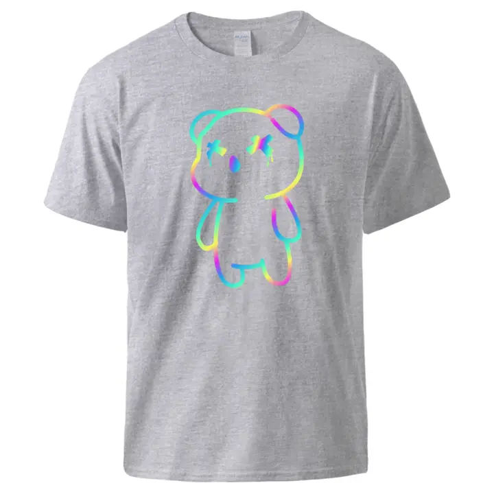 Camiseta con estampado de oso de dibujos animados de colores arcoíris para hombre, ropa cómoda de algodón, Camiseta básica fresca, moda gráfica, novedad - 1