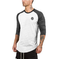 Gym T-shirt Men 0-Neck Three Quarter Sleeves Cotton Tshirt Slim Fit Shirt Male Fitness Bodybuilding Workout Color Contrast Tops - details 7