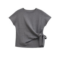 New Women Round Neck Short Sleeve Soft Knotted T Shirt Solid Casual Summer Tops - details 4