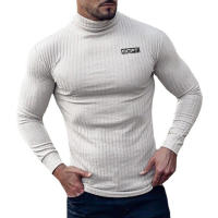 Autumn Fashion Turtleneck Long Sleeve Knitted T Shirt Mens Striped Slim Sweaters Casual Roll Neck Knittwear Pullover T-Shirt - details 9