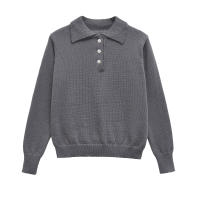 Women Casual Long Sleeve Polo Collar Knit Pullover Autumn Winter Gray Sweater - details 0