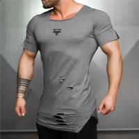 Summer Casual Cotton Breathable Slim T shirt Gym Fitness T-shirt New Fashion Hip Hop Short Sleeves Square Collar Hole Clothing - details 6