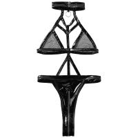 Body de malla de cuero de látex de PU con vendaje negro, lencería Sexy para mujer, peluches exóticos, Catsuit con cremallera en la entrepierna, disfraces de talla grande 2XL - details 6