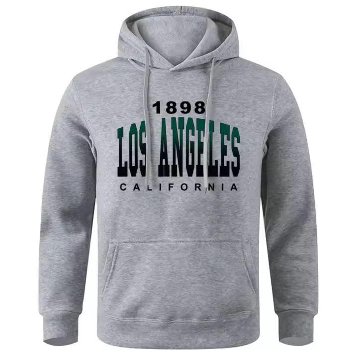 Sudadera con capucha de Los Angeles para hombre, prenda deportiva masculina con estampado de letras degradadas de California, suave y cómoda, estilo informal, a la moda, con cuello redondo, 1898 - 1