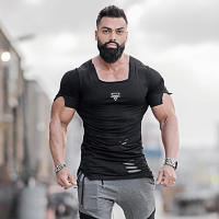 Summer Casual Cotton Breathable Slim T shirt Gym Fitness T-shirt New Fashion Hip Hop Short Sleeves Square Collar Hole Clothing - details 15