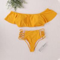 Conjunto de Bikini con hombros descubiertos, sujetador Bandeau con ribete con volantes, bañadores calados de cintura alta, traje de baño con realce, 2 unidades por juego - details 10