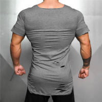 Summer Casual Cotton Breathable Slim T shirt Gym Fitness T-shirt New Fashion Hip Hop Short Sleeves Square Collar Hole Clothing - details 7