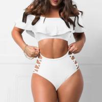 Conjunto de Bikini con hombros descubiertos, sujetador Bandeau con ribete con volantes, bañadores calados de cintura alta, traje de baño con realce, 2 unidades por juego - details 6