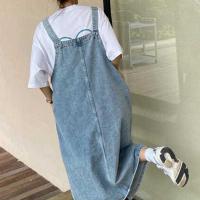 Vestido midi para estudiantes, elegante vestido con tirantes de mezclilla y correas ajustables, bolsillos laterales, dobladillo dividido, elegante, sin cuello para estudiantes - details 7