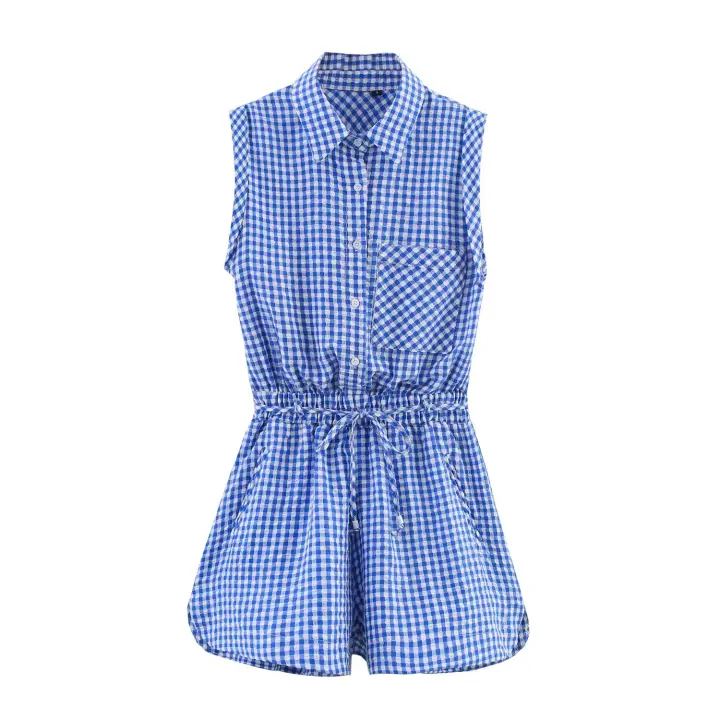 Nuevo 2025 Mono corto a cuadros azul para mujer, cuello de solapa, sin mangas, cintura elástica con cinturón, mono informal de verano - 1