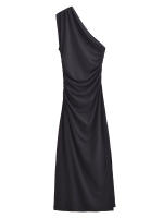 High Street Women Side Ruched Hem Slit Sleeveless Asymmetric Long Dress Black Sexy Maxi Vestidos - details 0