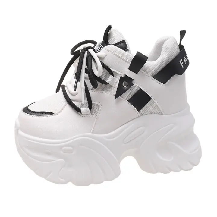 Zapatillas de plataforma para mujer 10.5CM con cordones para deportes otoño zapatos de casual de corte alto para hombre zapatos blancos de malla con suela gruesa - 1