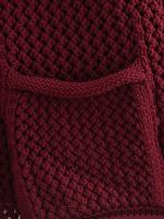 Women Wine Red Chunky-knit Cardigan Long Sleeve O Neck With Pockets Sweater  Outerwear Female Autumn Winter Crop Coat - details 4